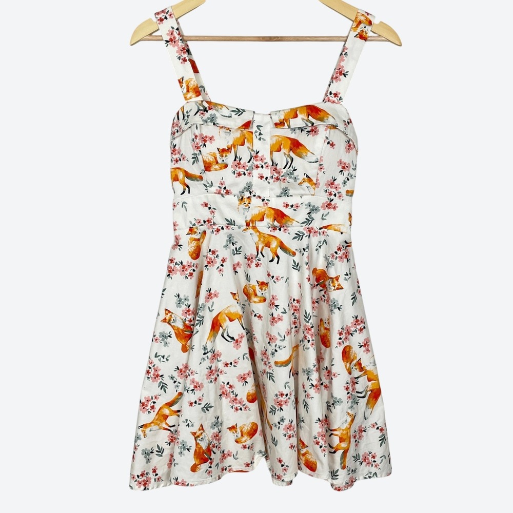 Vintage Ixia White Fox Floral Print Fit Flare Mini Dress Size M Rockabilly Pinup